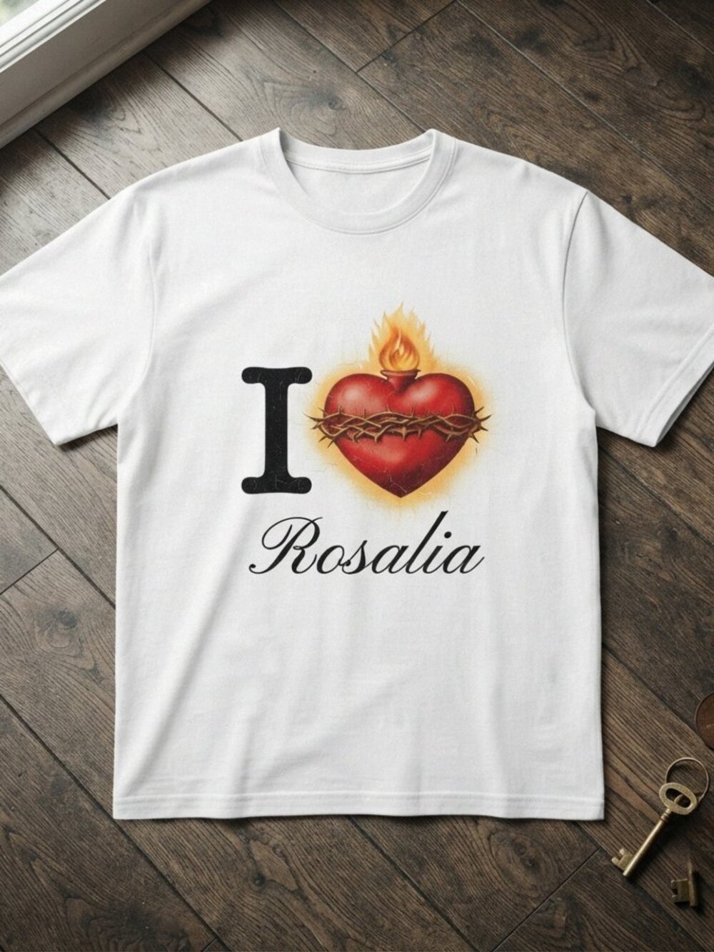 I Love Rosalia Sacred Heart Flaming White T-Shirt